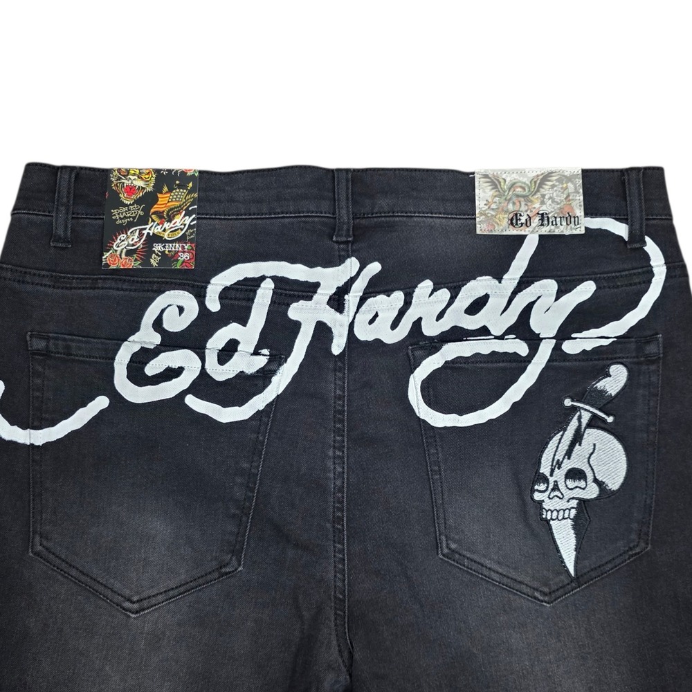 Ed Hardy Mens 36x32 Skull Embroidered Black Skinny Jeans NWT Y2K